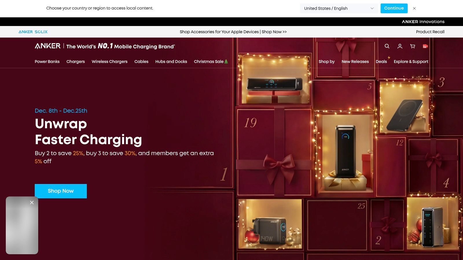 A promotional image from the Anker UK website, showing various charging products arranged like an advent calendar.