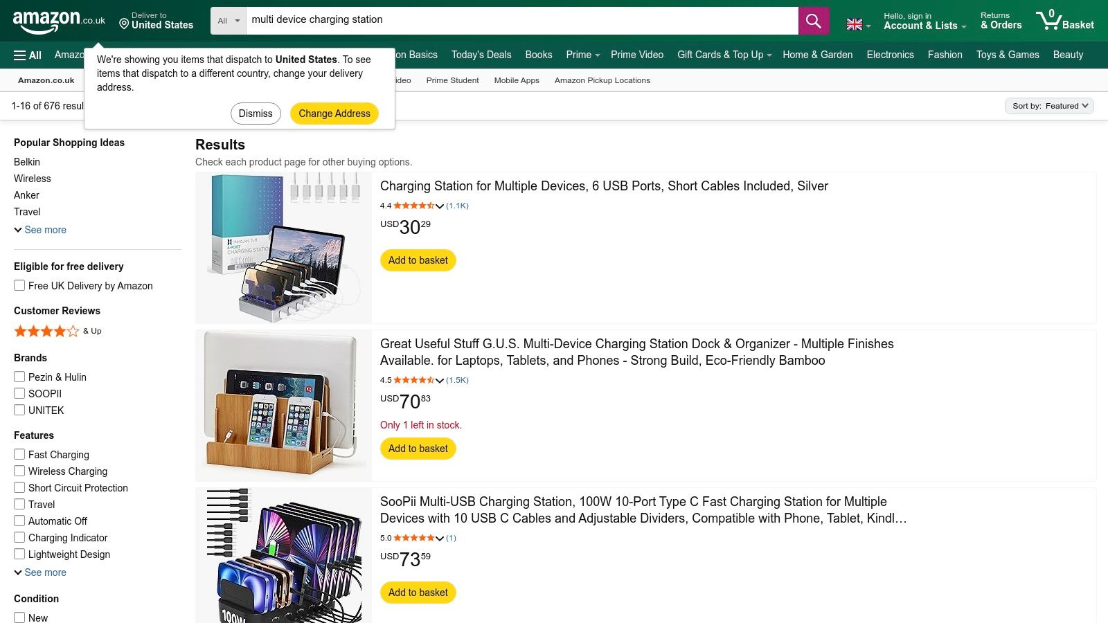 Amazon UK multi-device charging station search results