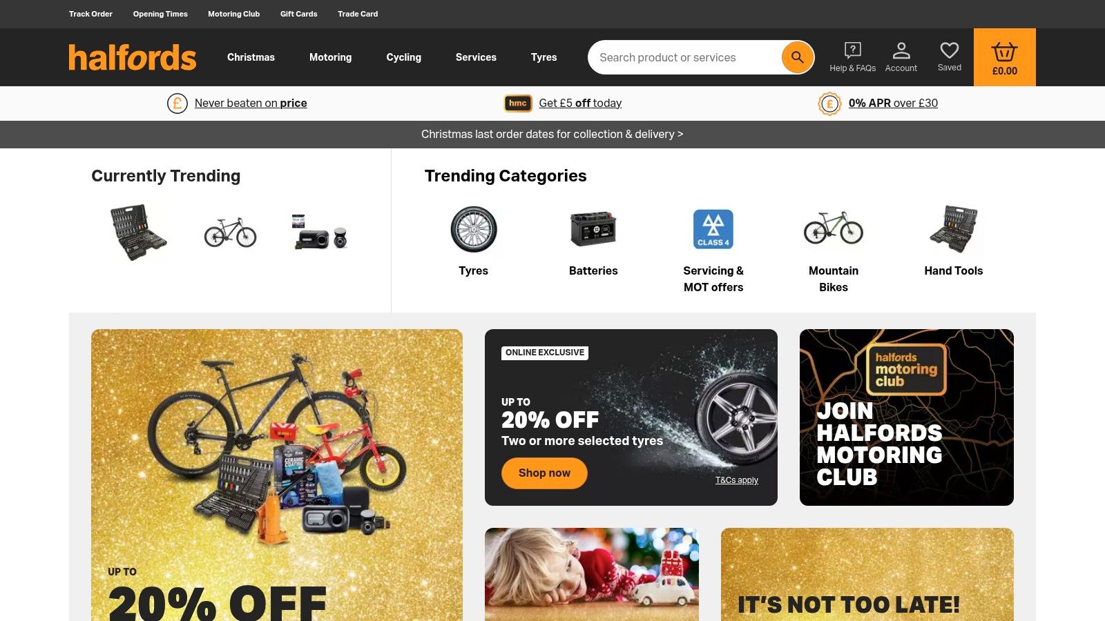 A screenshot of the Halfords website homepage showing car parts, accessories, and servicing options.