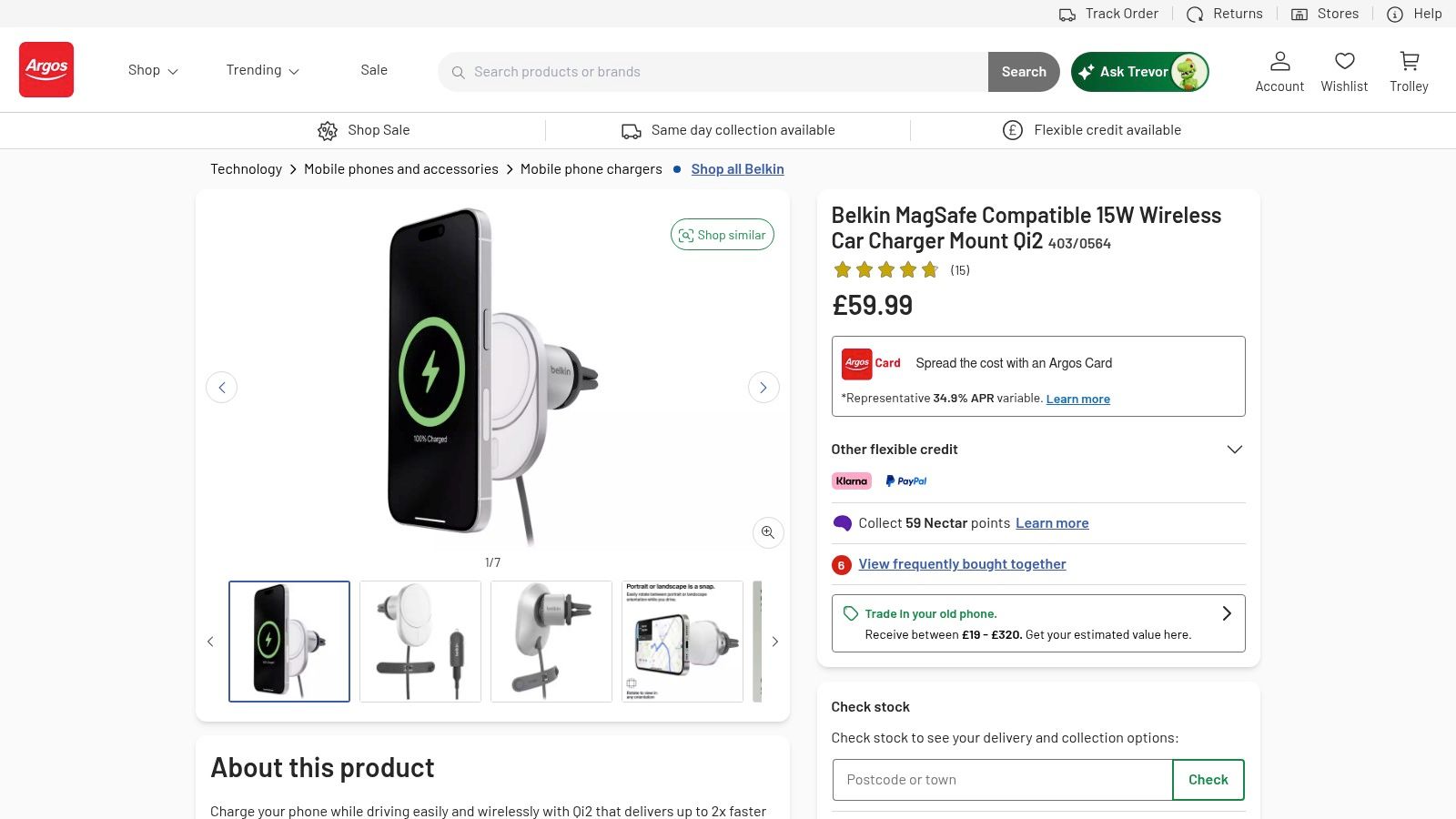 The Belkin MagSafe-compatible Qi2 car mount with wireless charging, shown on the Argos website product page.