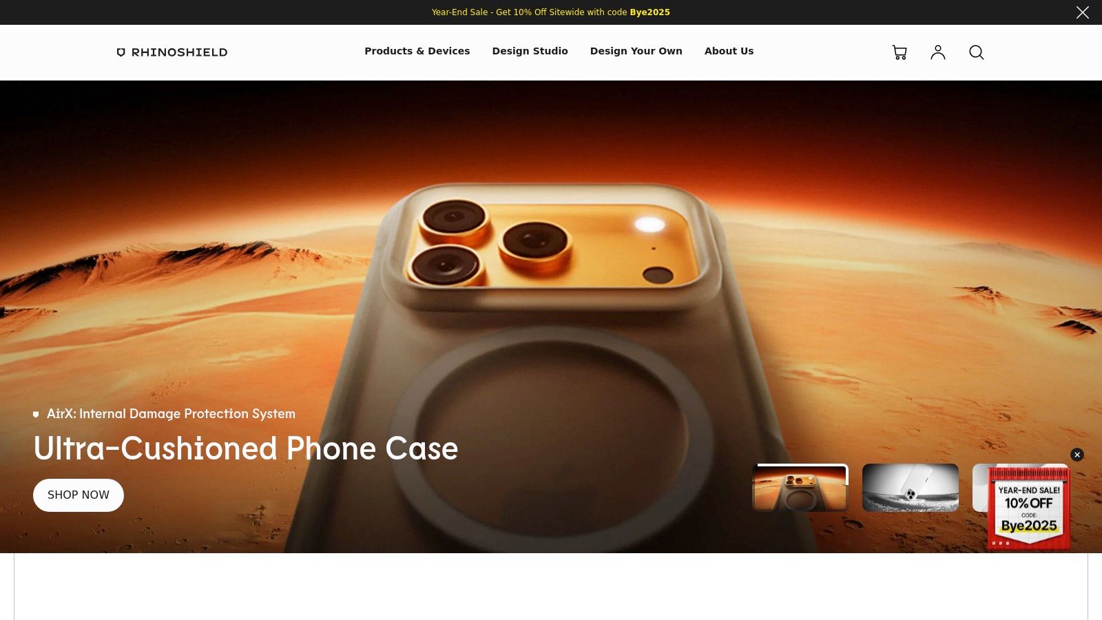 A person customising their iPhone case on the RHINOSHIELD UK website, showing different design options.