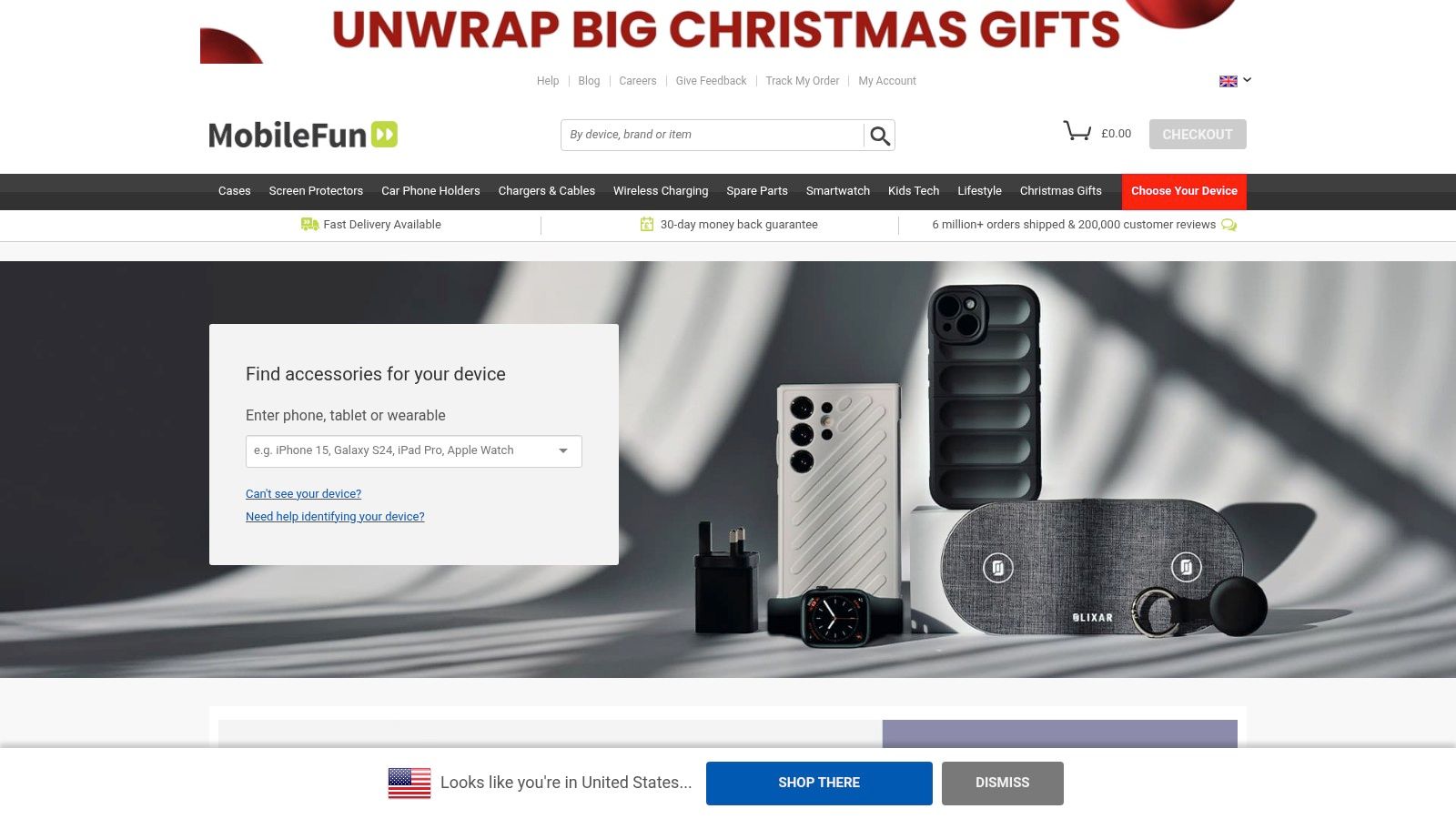The homepage of the Mobile Fun (UK) website, displaying various phone accessories.