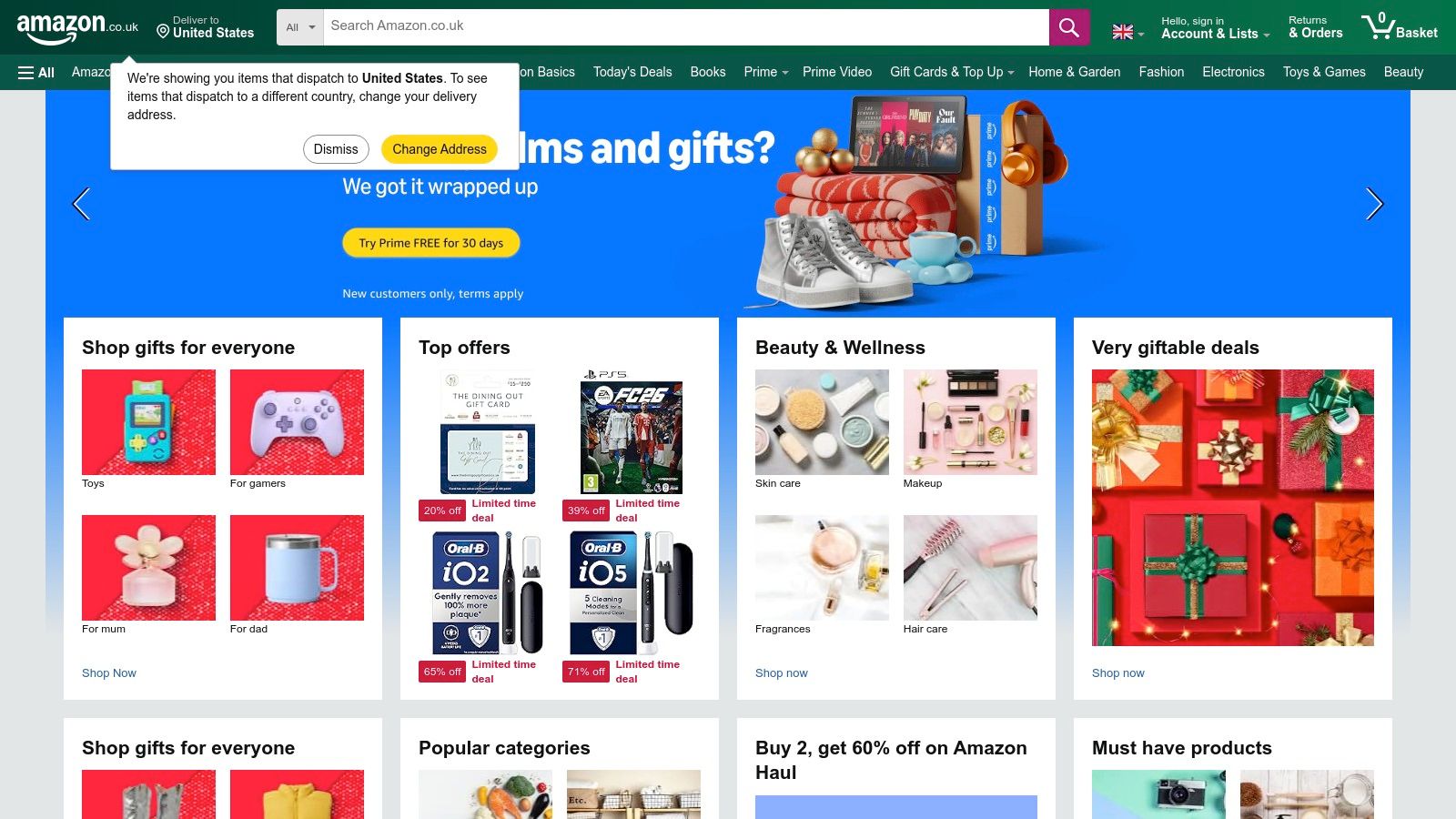 A screenshot of the Amazon UK homepage showing the search bar and various product categories.