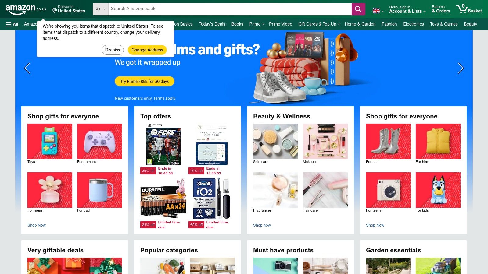 A screenshot of the Amazon UK homepage displaying a search bar and various product categories.