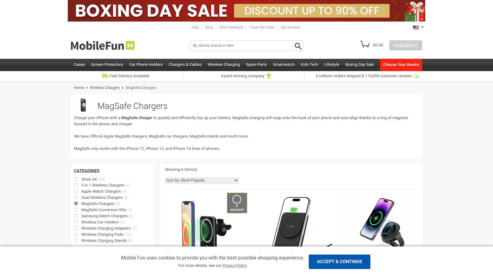The Mobile Fun website homepage showing a variety of mobile accessories, including MagSafe chargers and car mounts.