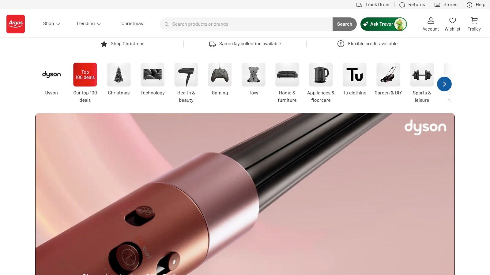 A screenshot of the Argos homepage, showing the search bar and highlighting categories for technology and home goods.