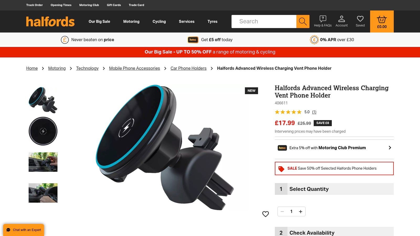 A Halfords-branded wireless charging car mount attached to a car's air vent, holding a smartphone.