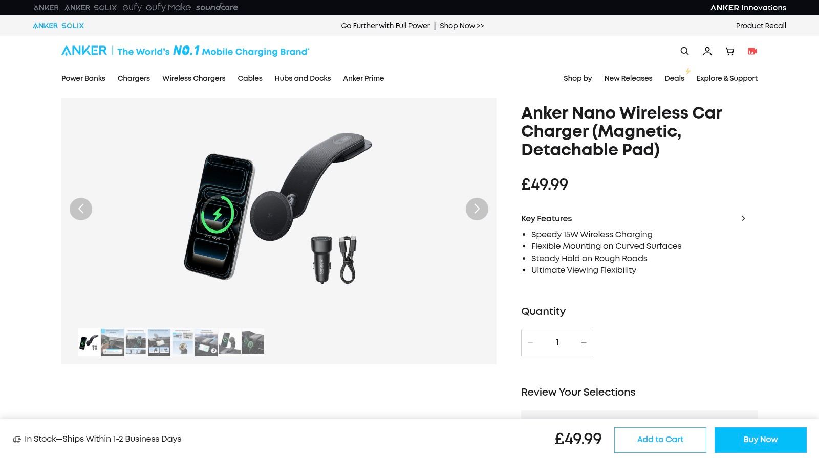 Anker's Qi2-certified magnetic wireless car charger mounted on a car's dashboard using its flexible arm.