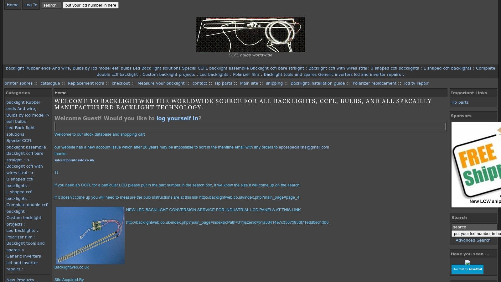 Backlightweb (UK) — CCFL Lamps, LED Conversion Service, Inverters