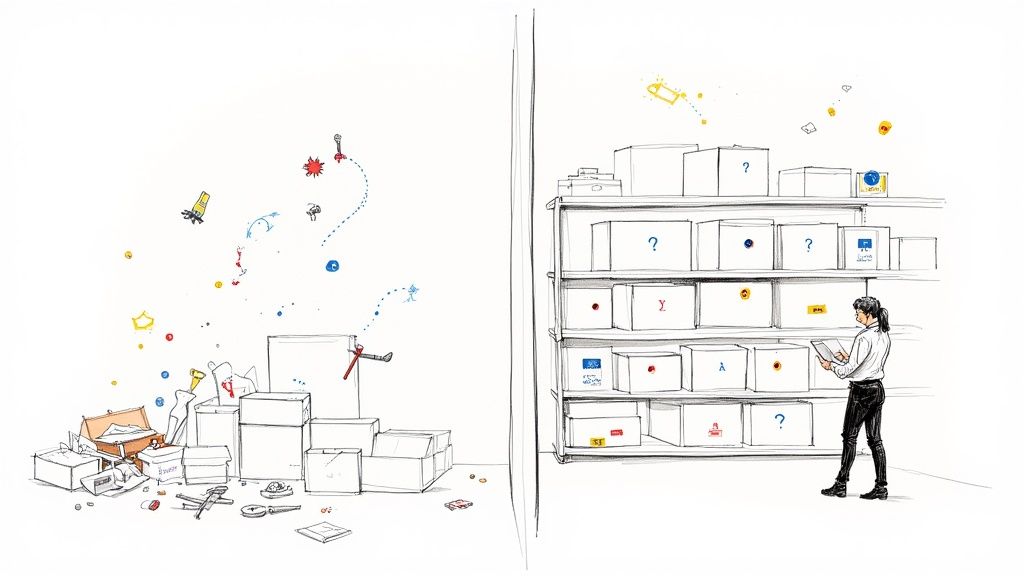 A professional woman scanning a QR code on a box with her smartphone, representing modern asset tracking.