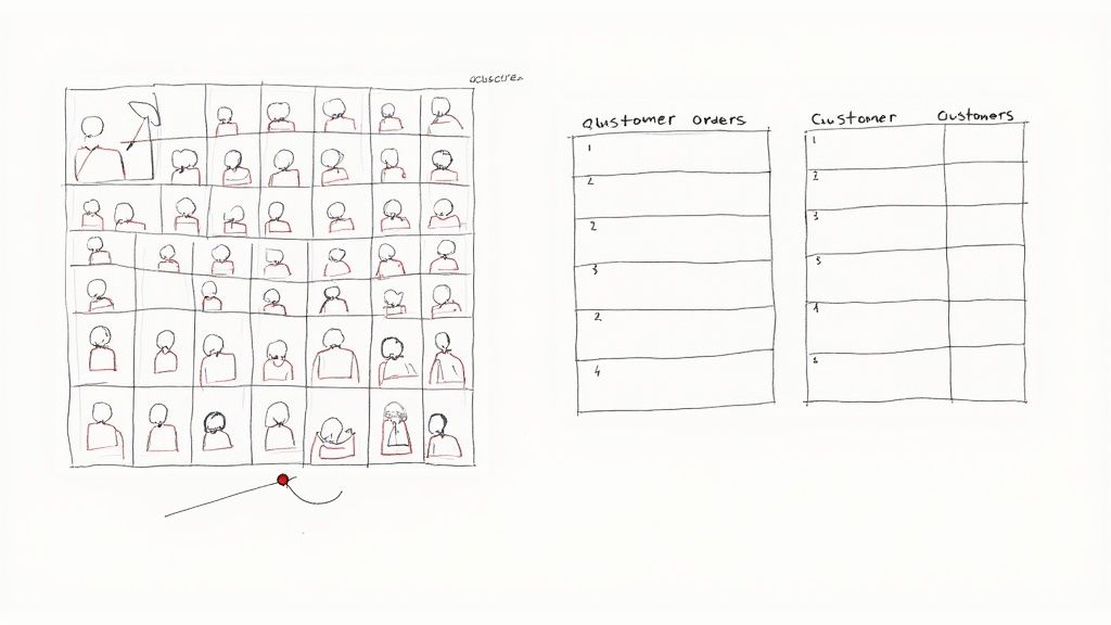 A diagram showing data being organized from a messy state into structured tables, illustrating the concept of normalization in a relational database.