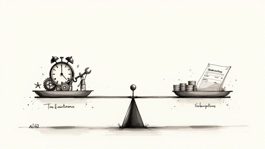 A person comparing two different cost models on a chart, symbolizing Total Cost of Ownership analysis.