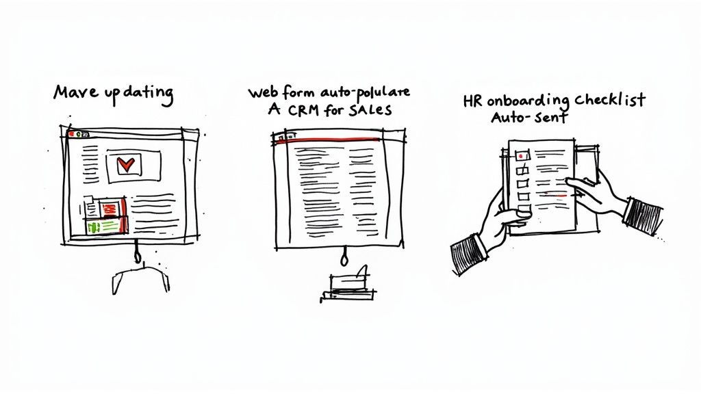 A team collaborating around a digital dashboard showing automated workflows
