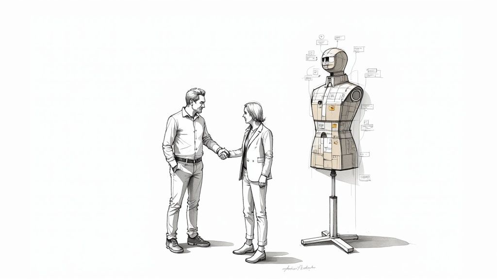 A team of professionals collaborating around a laptop, designing a system together.