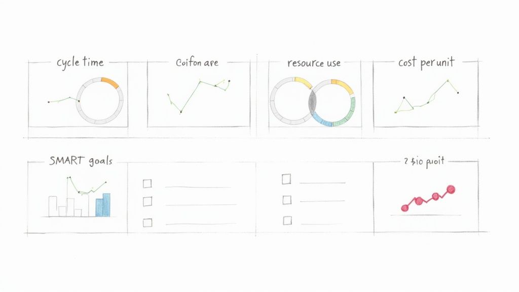 A dashboard on a tablet showing various KPIs and goals, with charts and graphs indicating progress.