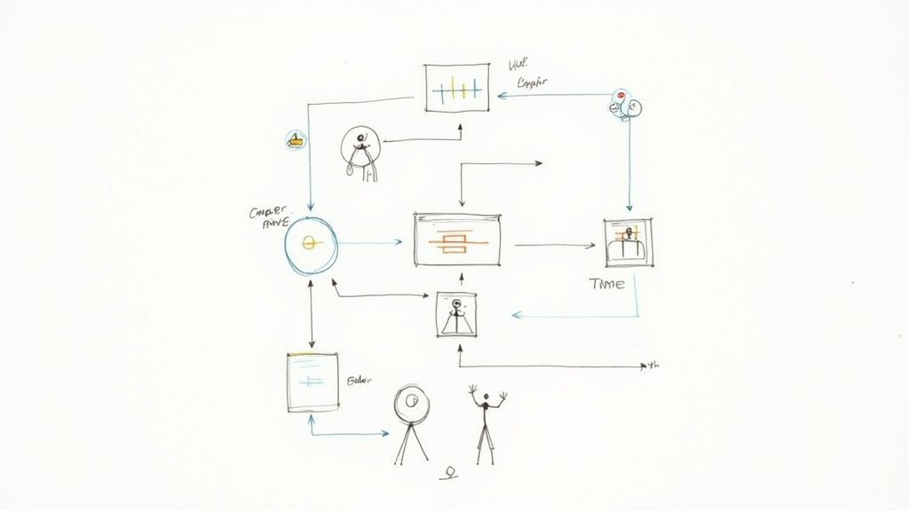 A team collaborating around a table with sticky notes, mapping out a business process.