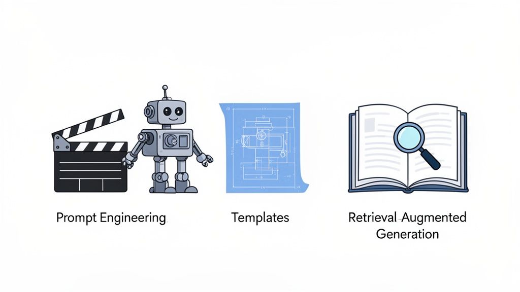Icons for prompt engineering (clapperboard, robot), templates (robot, blueprint), and retrieval augmented generation (book, magnifying glass).