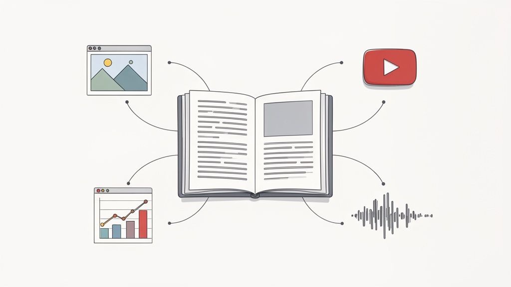 An open book connects to various digital media icons: an image window, a video player, a graph, and audio waves, depicting multimedia content.