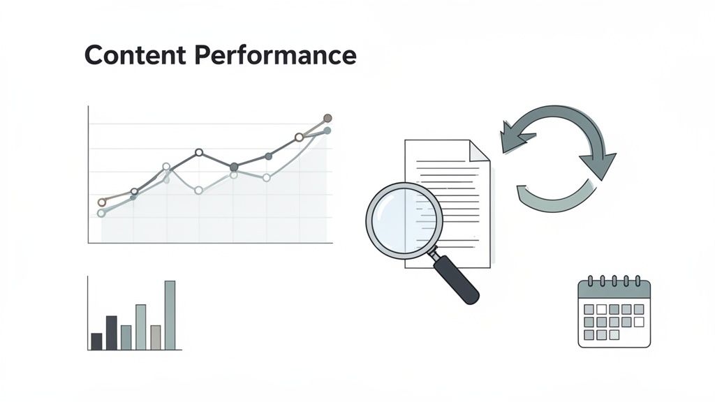 Illustration showing content performance metrics: line graphs, bar chart, document analysis, and a calendar.