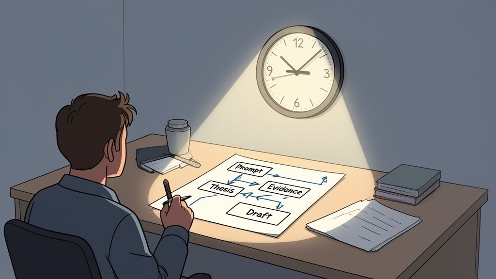 A person works late, outlining an essay using a "Prompt, Thesis, Evidence, Draft" flowchart.