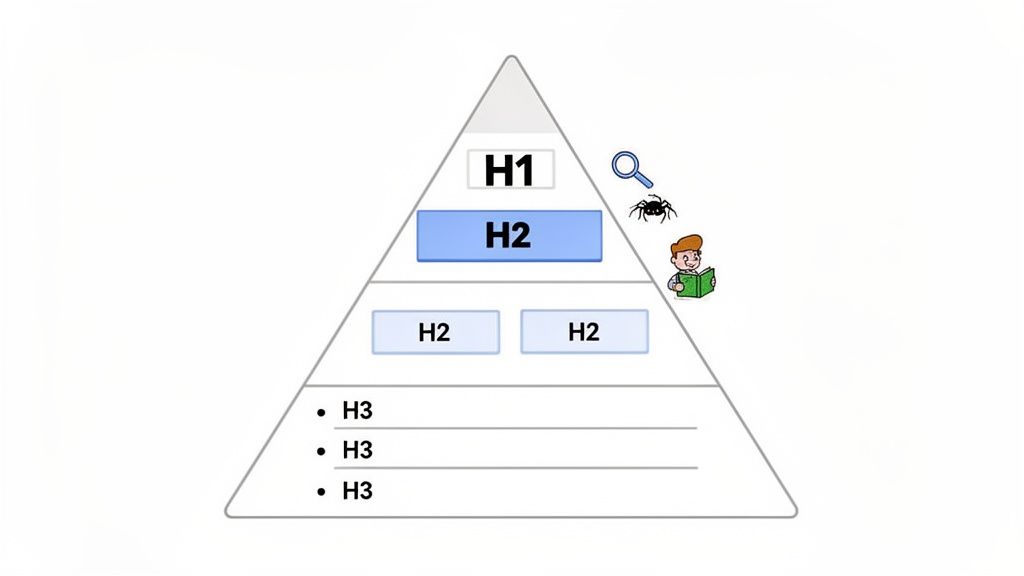 Pyramid diagram showing SEO content structure with H1, H2, and H3 headings, plus crawl and reader icons.