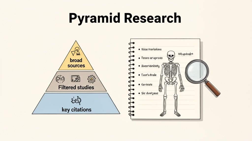 A research pyramid showing broad sources, filtered studies, and key citations, with a skeleton and magnifying glass.