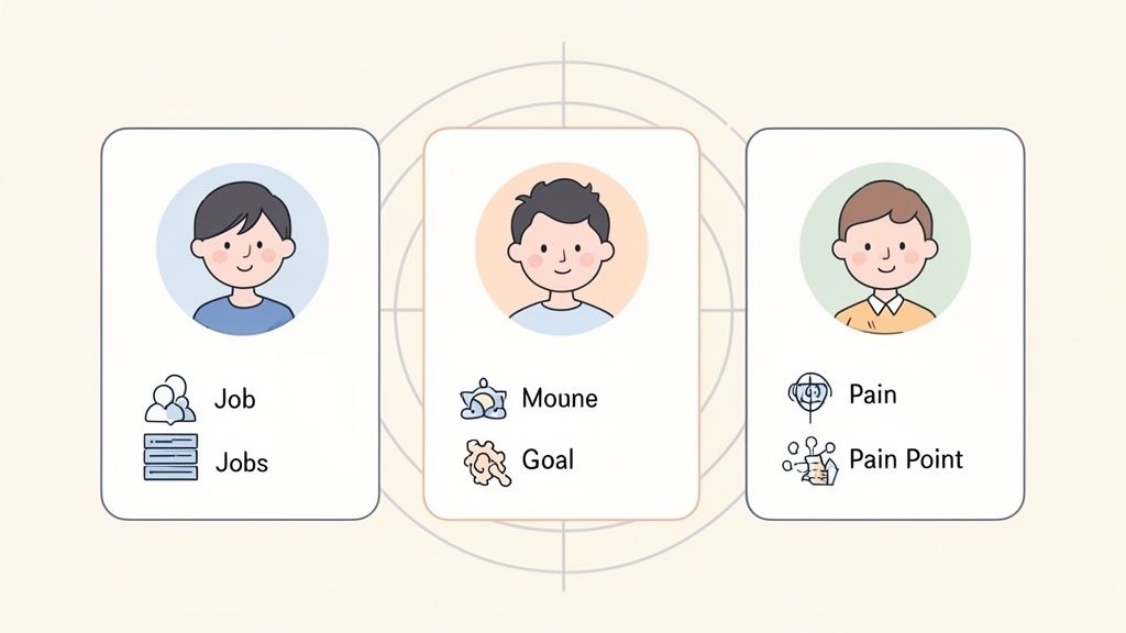 Three cards illustrate user persona concepts: Job, Jobs, Moune, Goal, Pain, and Pain Point.
