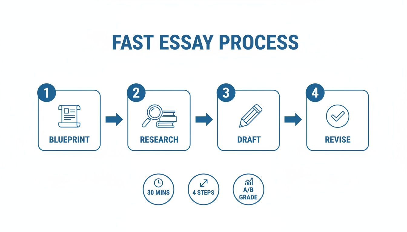 Infographic illustrating a fast 4-step essay writing process including Blueprint, Research, Draft, and Revise.