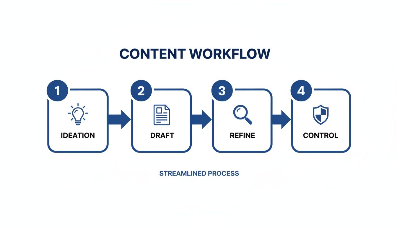 A blue and white content workflow diagram showing four steps: Ideation, Draft, Refine, and Control.