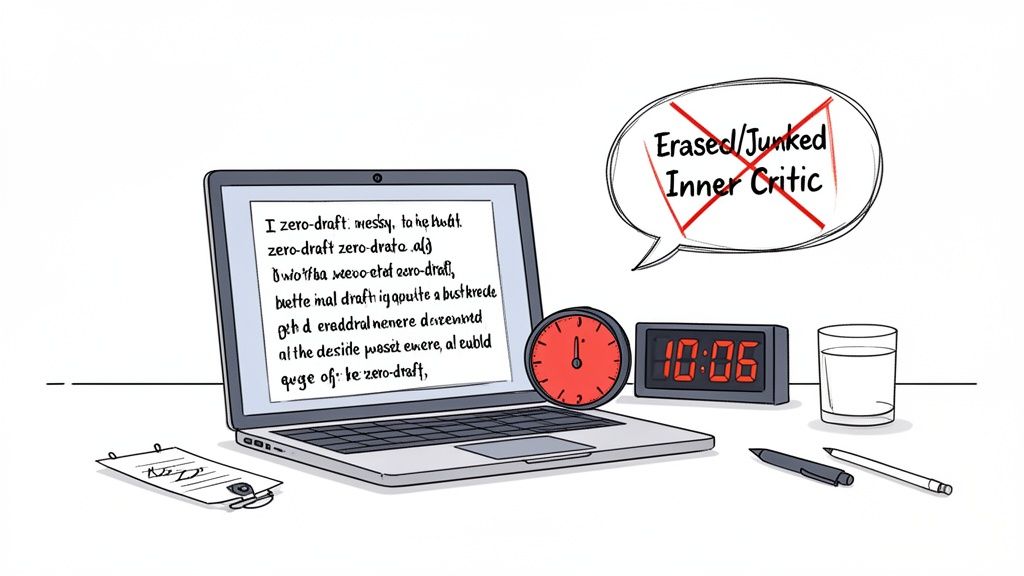 A laptop with zero-draft text, clocks, pens, and a crossed-out 'Inner Critic' thought bubble.