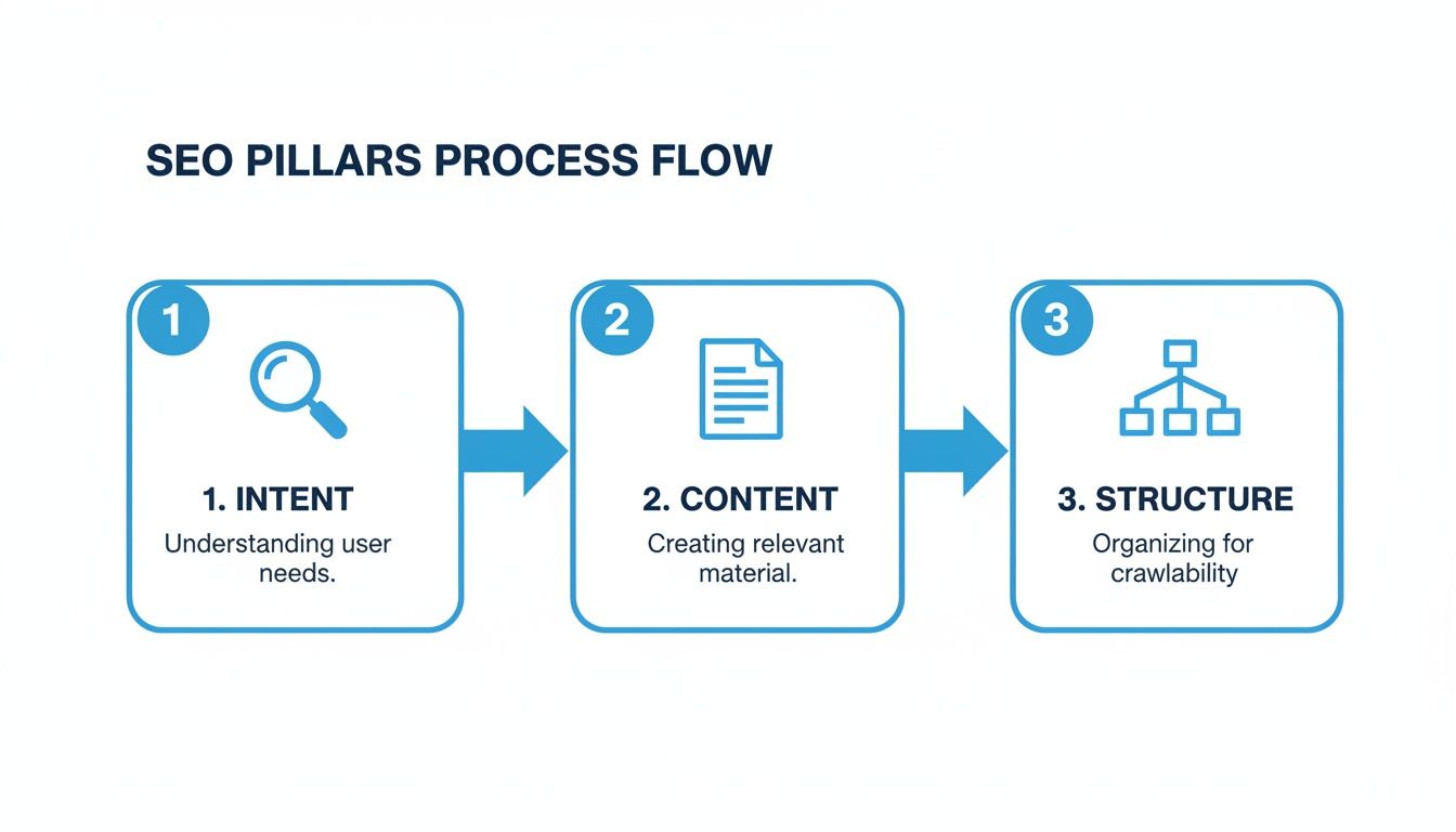 SEO Pillars Process Flow showing steps for intent, content creation, and website structure.