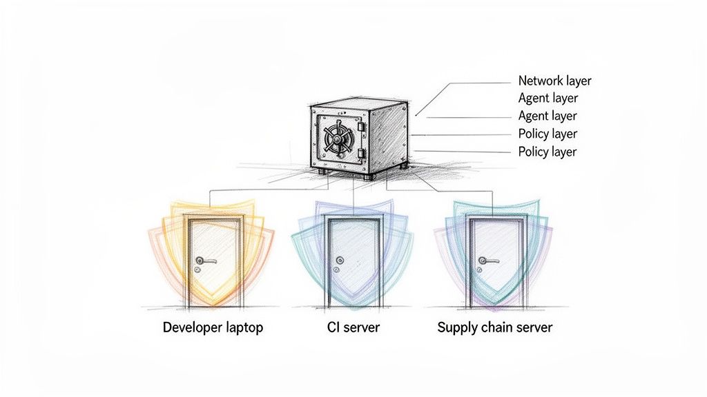 Diagram illustrating multi-layered endpoint security for developer laptops, CI, and supply chain servers.