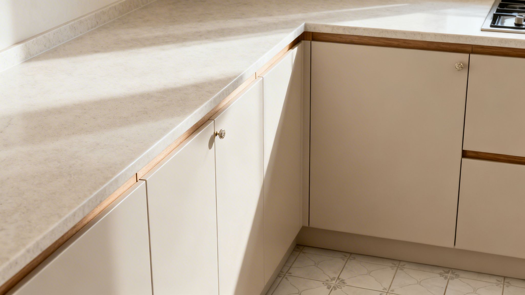 Esquina de cocina moderna con encimeras claras, gabinetes beige y detalles de madera bajo la luz del sol.