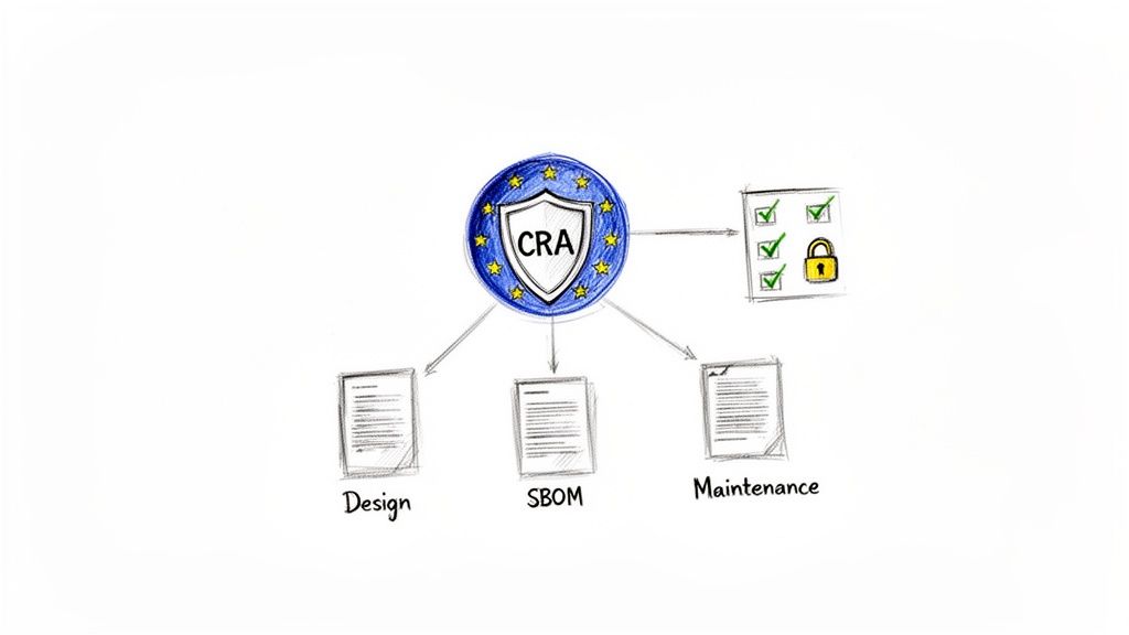 Diagram showing CRA (Cyber Resilience Act) shield with EU stars connected to design, SBOM, maintenance, and security checks.