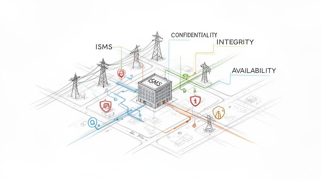 Isometric drawing of an ISMS building and infrastructure highlighting information security, confidentiality, integrity, and availability.