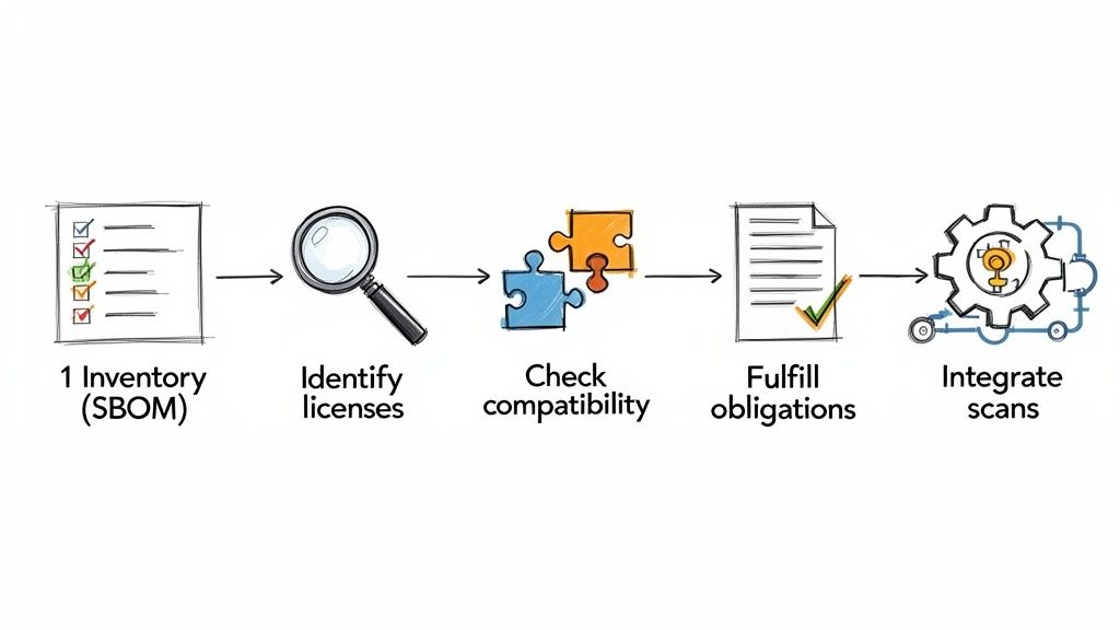 Flowchart illustrating five steps of open source license management: inventory, identification, compatibility, obligations, and integration.