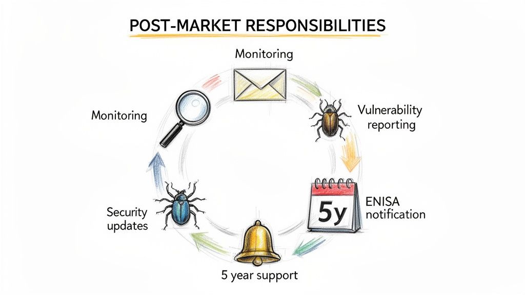 A circular diagram titled 'POST-MARKET RESPONSIBILITIES' outlining stages like monitoring, vulnerability reporting, and security updates.