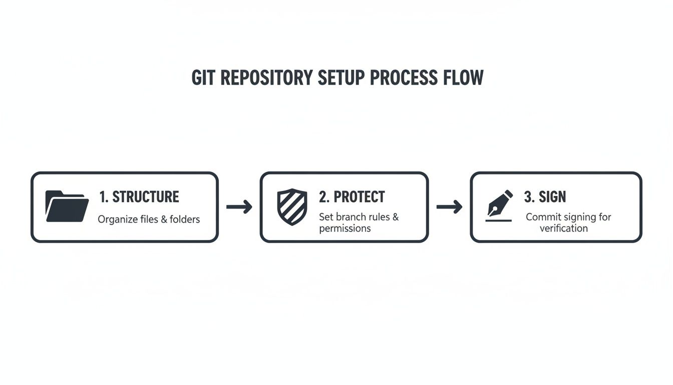 Flowchart illustrating the three-step Git repository setup process: structure, protect, and sign.