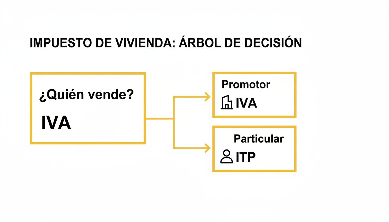 Diagrama de decisión sobre el impuesto de vivienda, mostrando IVA para promotores y ITP para particulares.