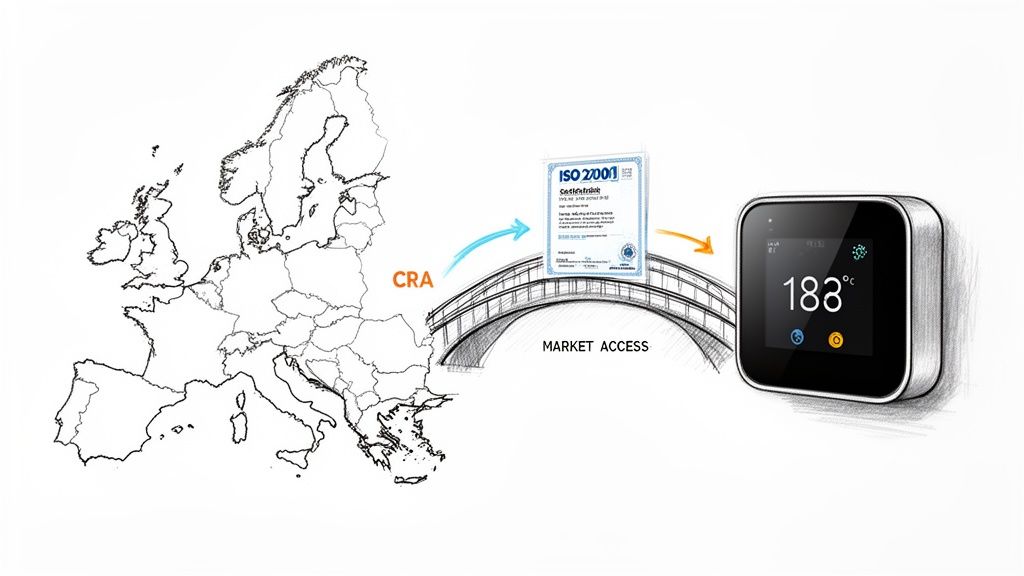 Diagram showing Europe connecting to ISO 27001 certification via CRA for market access to a digital device.