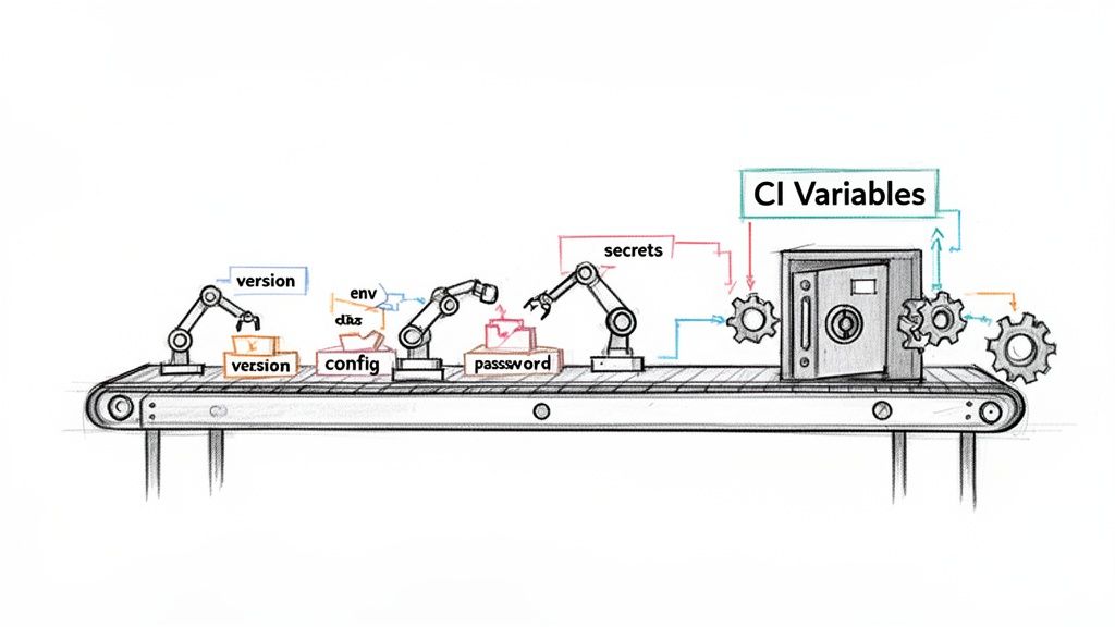 A sketch of a CI/CD pipeline showing robotic arms processing version, config, and password into a CI Variables safe.
