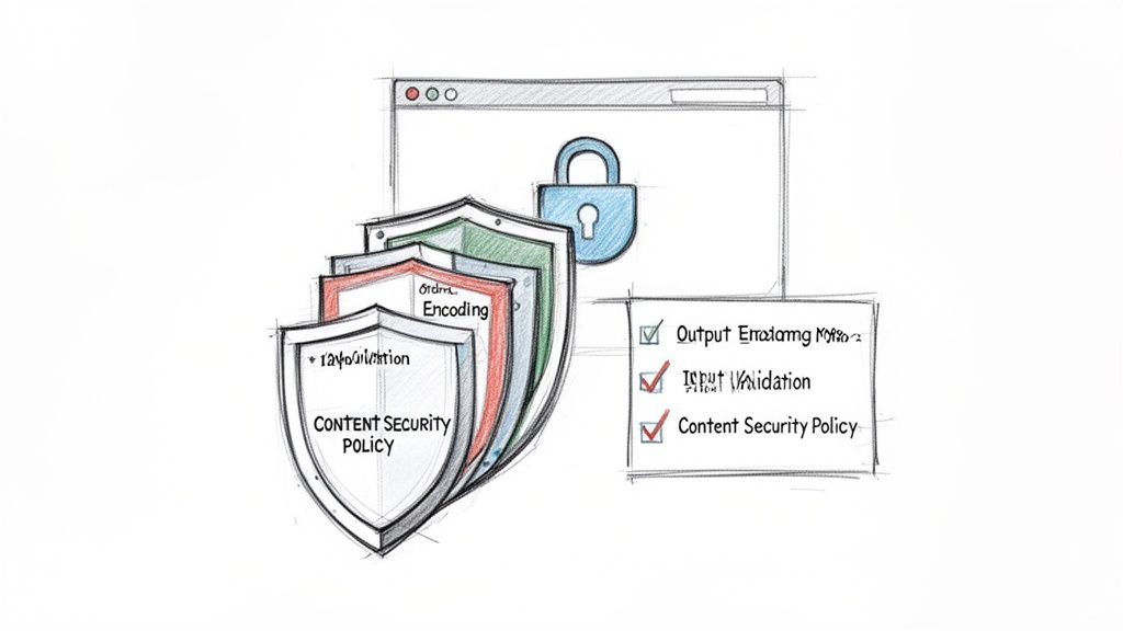 Illustration of web security concepts with layered shields representing content security policy, validation, and encoding.