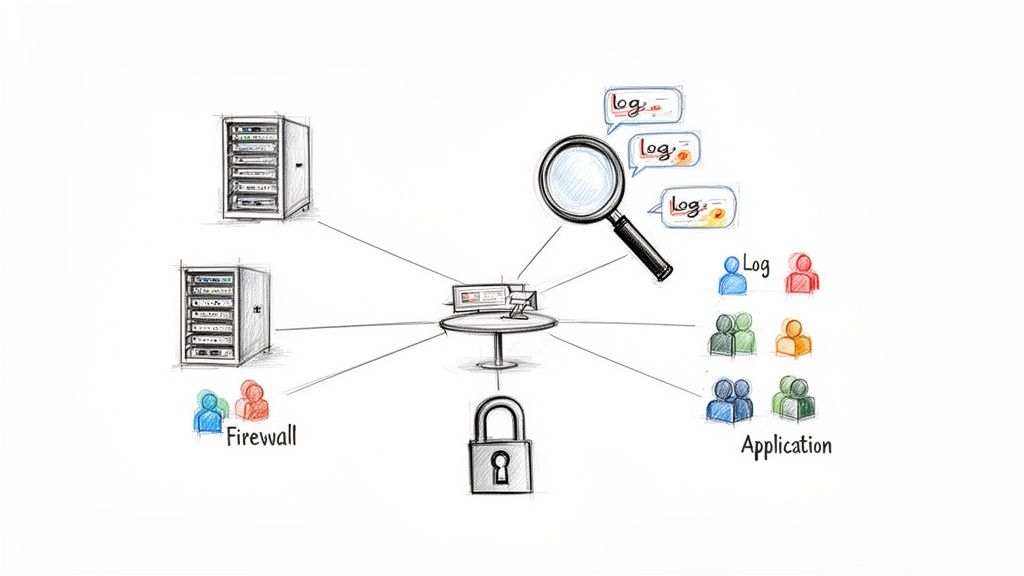 A diagram illustrating a central security system collecting and analyzing logs from servers, firewalls, and applications.