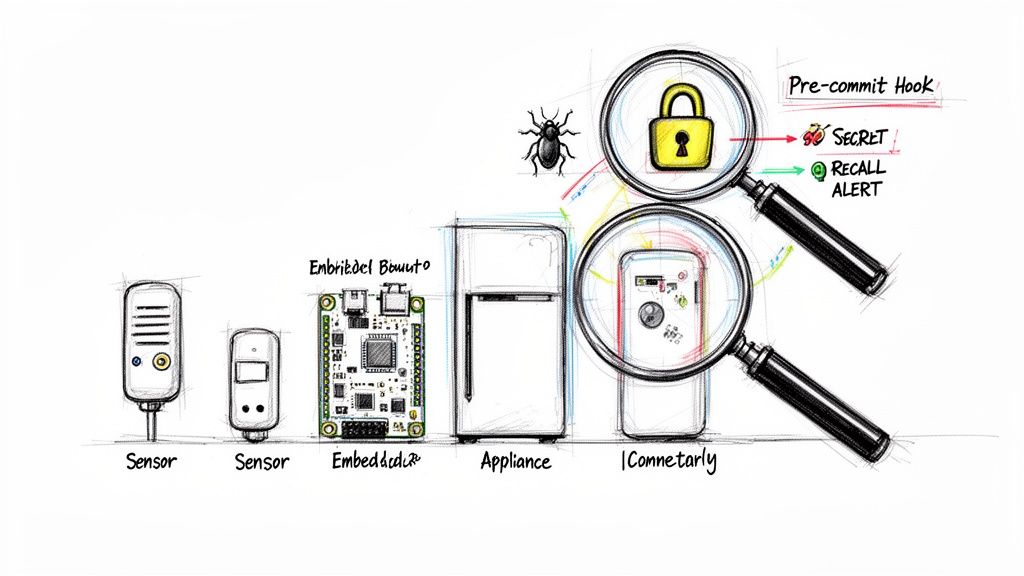 Diagram showing IoT devices (sensors, embedded system, appliance) and pre-commit hook checks for security and recall alerts.