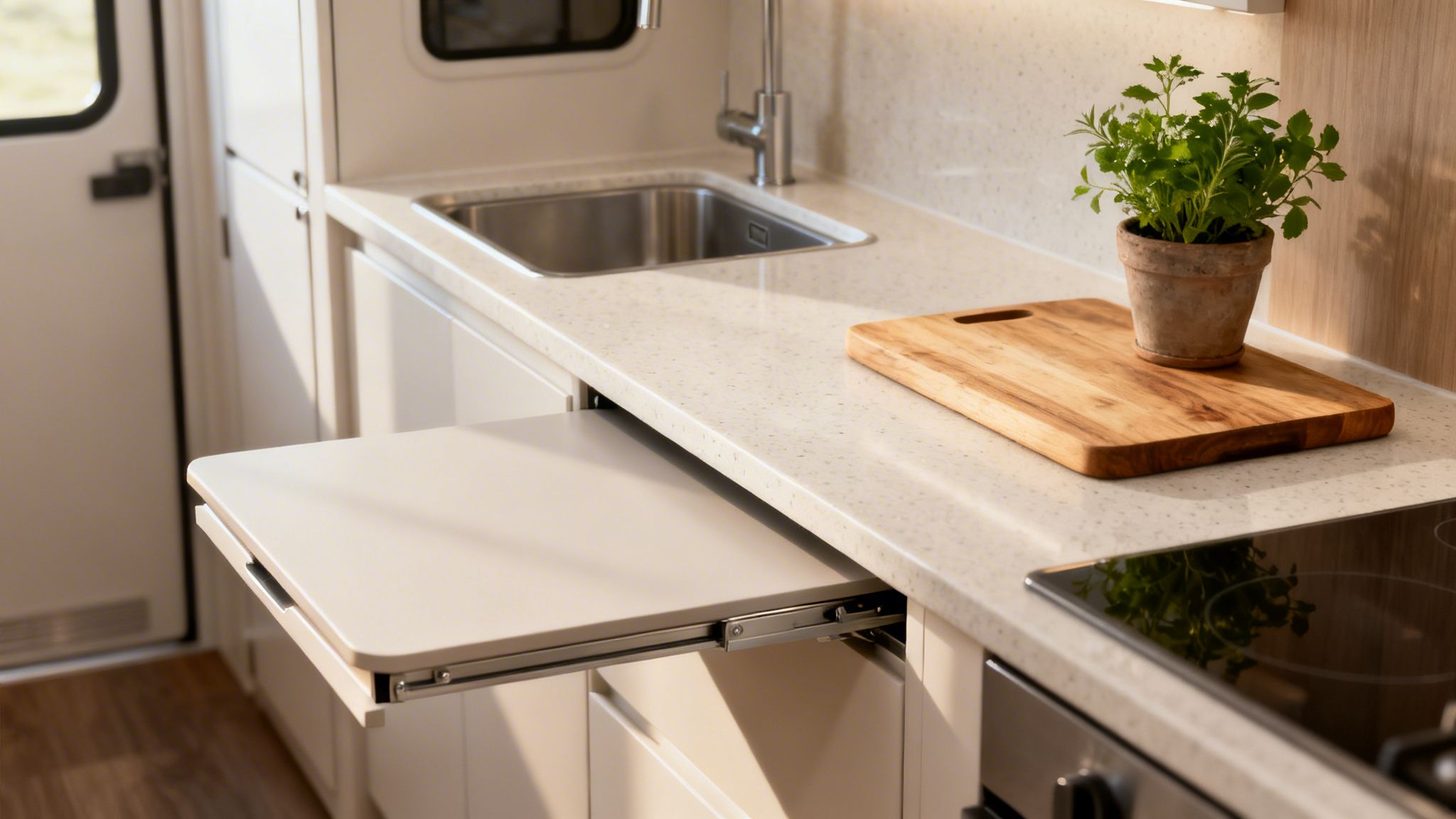 Interior de cocina moderna y compacta con encimera clara, fregadero, tabla de cortar y mesa extensible.