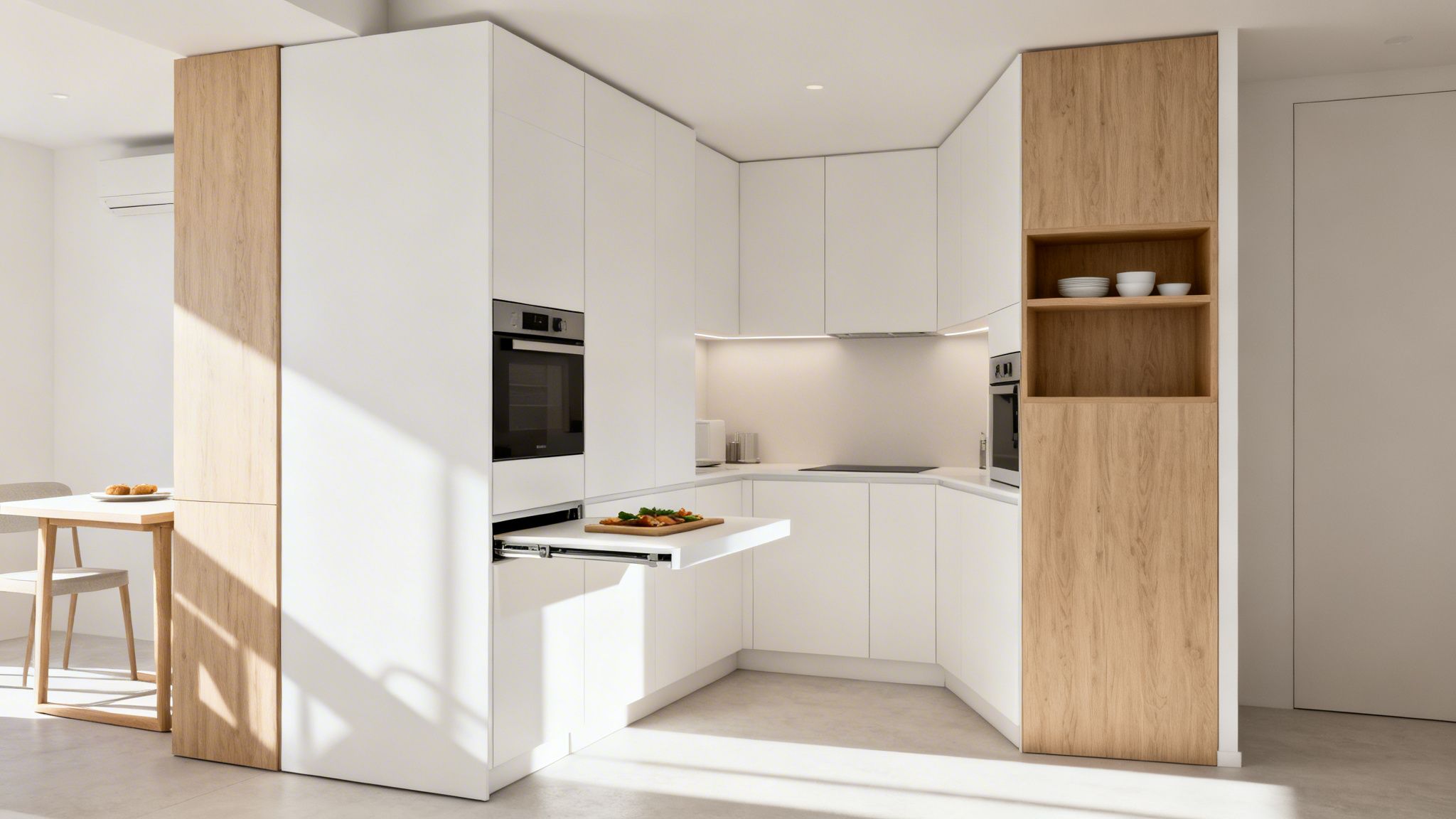 Cocina moderna de color blanco y madera con mesa extraíble, horno empotrado y estantes abiertos.