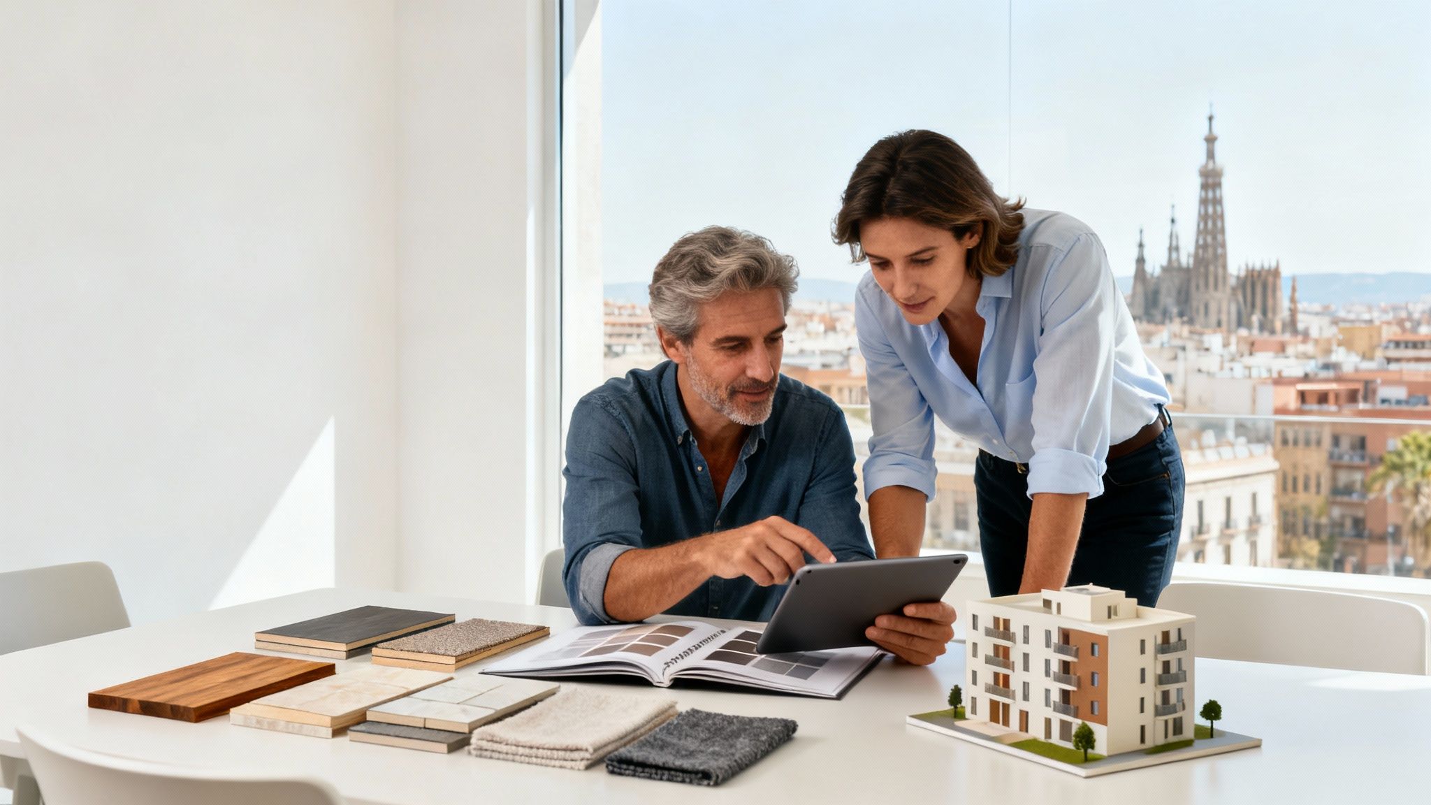 Dos arquitectos o diseñadores discutiendo materiales y un proyecto de construcción en una oficina luminosa con vistas a la ciudad.