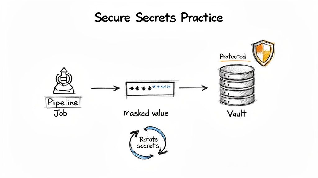 Diagram illustrating secure secrets practice with a pipeline job sending a masked value to a protected vault, emphasizing secret rotation.