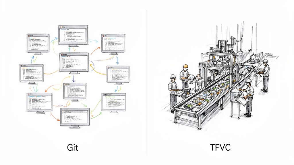 A diagram comparing Git's distributed version control, shown as networked computers, with TFVC's centralized, factory-like assembly line.