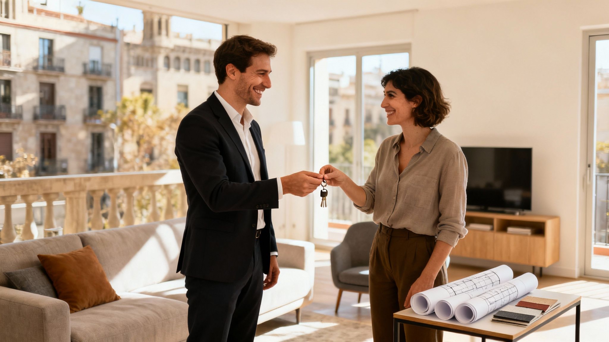Un hombre sonriente entrega las llaves de un nuevo apartamento a una mujer, simbolizando la entrega.